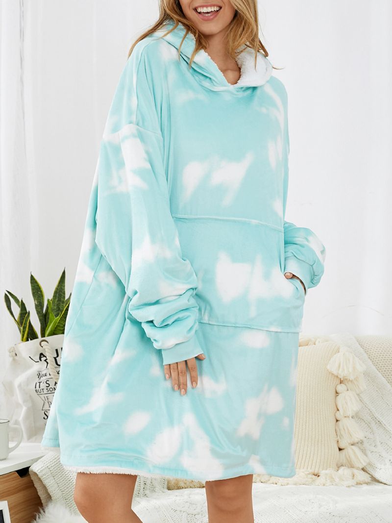 Mujeres Tie-dye Fleece Thicken Warm Overized Reversible Manta Con Capucha Con Bolsillo Canguro