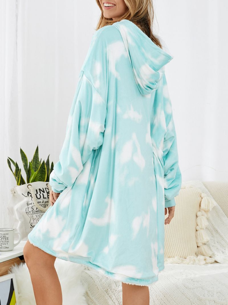 Mujeres Tie-dye Fleece Thicken Warm Overized Reversible Manta Con Capucha Con Bolsillo Canguro