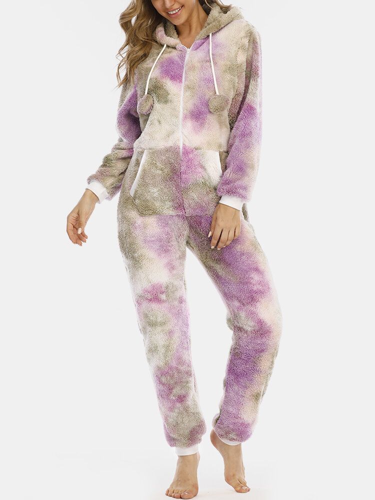 Mujeres Tie Dye Fluffy Plush Zipper Front Kangaroo Pocket Home Monos