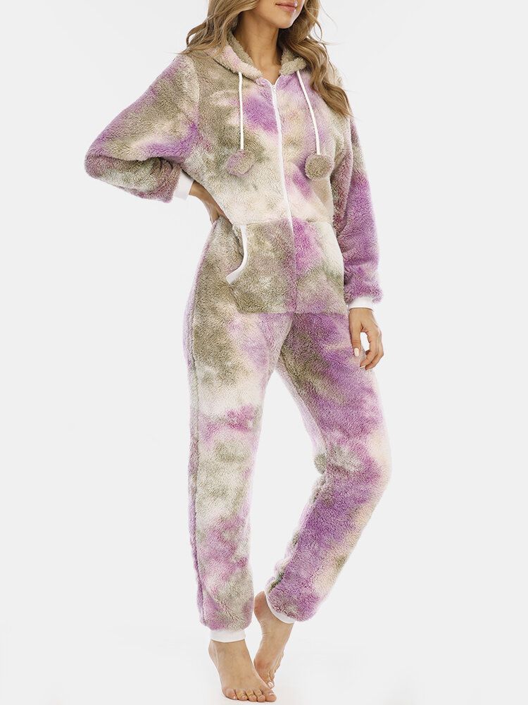 Mujeres Tie Dye Fluffy Plush Zipper Front Kangaroo Pocket Home Monos