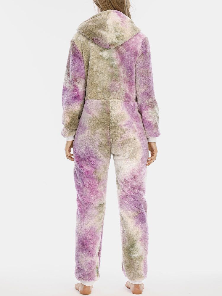 Mujeres Tie Dye Fluffy Plush Zipper Front Kangaroo Pocket Home Monos