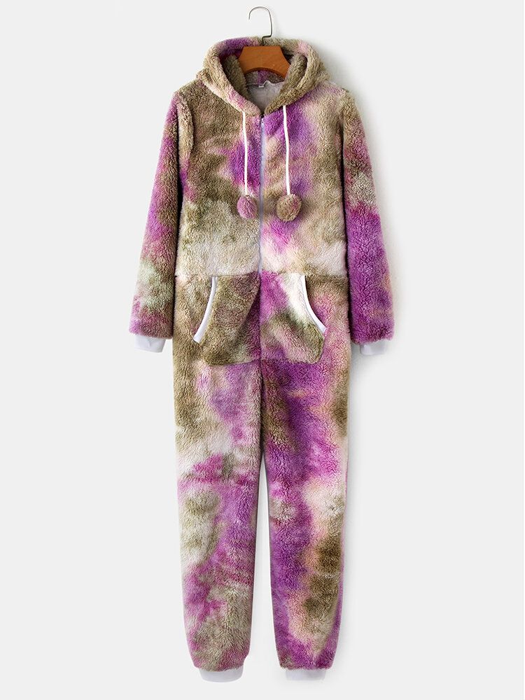 Mujeres Tie Dye Fluffy Plush Zipper Front Kangaroo Pocket Home Monos