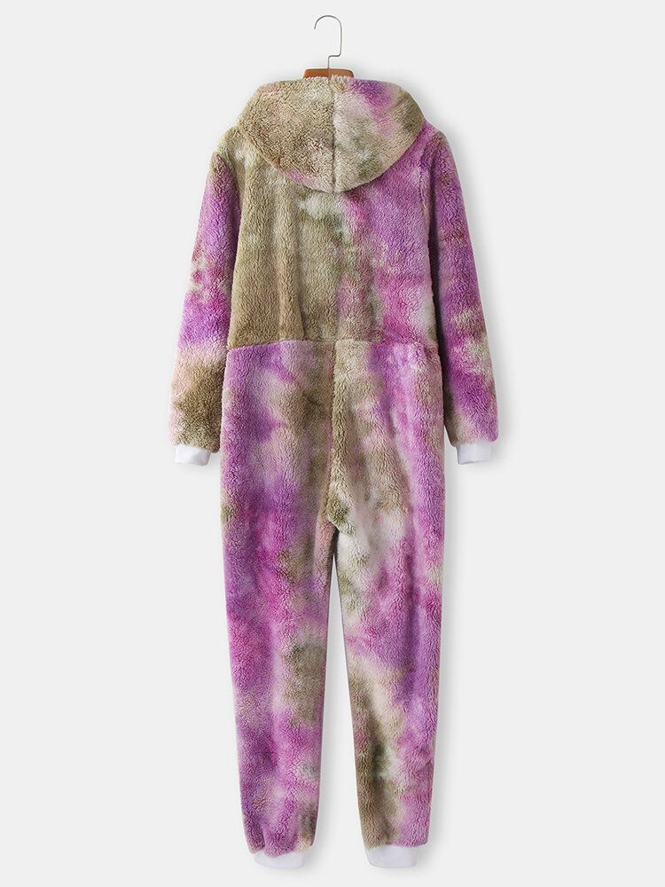 Mujeres Tie Dye Fluffy Plush Zipper Front Kangaroo Pocket Home Monos