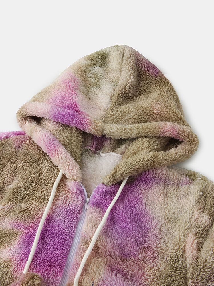 Mujeres Tie Dye Fluffy Plush Zipper Front Kangaroo Pocket Home Monos