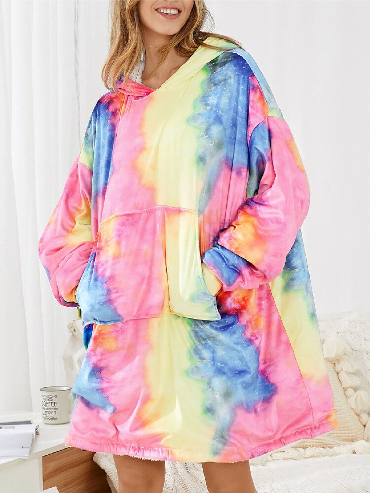 Mujeres Tie Dye De Gran Tamaño Reversible Manta Sudadera Con Capucha Bolsillo Espesar Ropa De Hogar Cálida