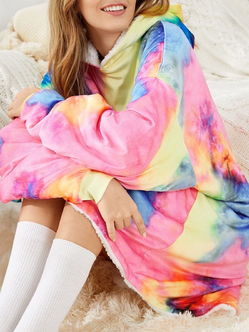 Mujeres Tie Dye De Gran Tamaño Reversible Manta Sudadera Con Capucha Bolsillo Espesar Ropa De Hogar Cálida