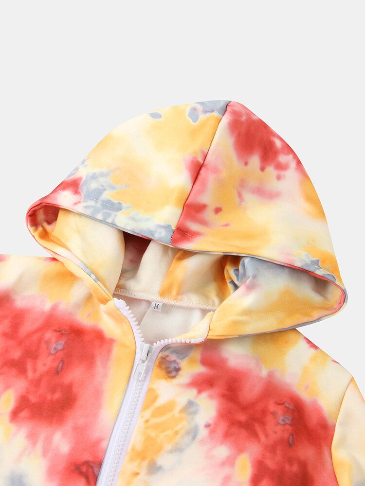 Mujeres Tie Dye Zipper Front Canguro Bolsillo Con Capucha Mono Ropa De Dormir Para El Hogar