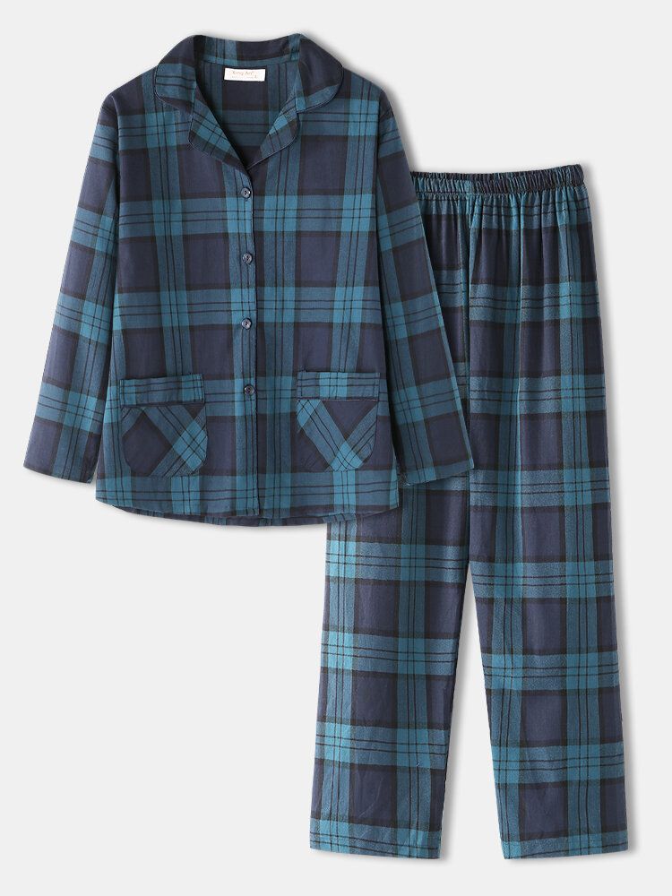 Mujeres Vintage Plaid Print Manga Larga Camisa De Doble Bolsillo Pantalones De Cintura Elástica Conjunto De Pijama Para El Hogar