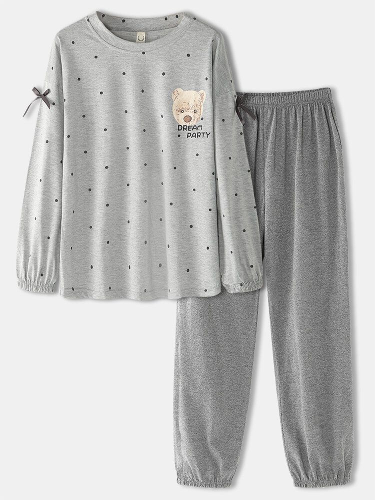 Muñeca Para Mujer Patrón De Oso Estampado De Lunares Sudaderas De Manga Larga Pantalones De Cintura Elástica Conjunto De Pijama Para El Hogar