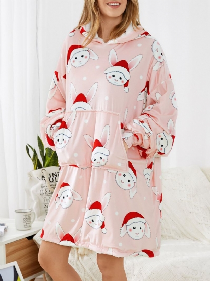 Navidad Mujeres Lindos Conejos Imprimir Grueso Reversible Manta De Gran Tamaño Con Capucha Ropa De Dormir Bata