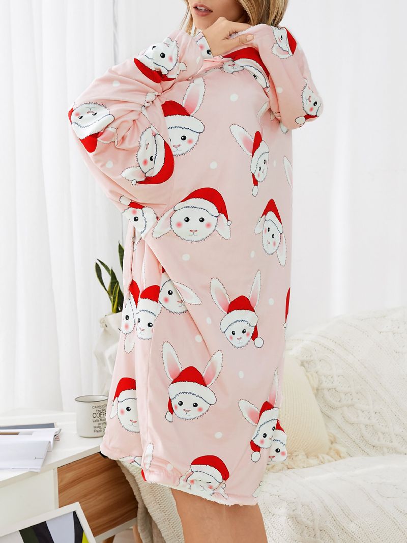 Navidad Mujeres Lindos Conejos Imprimir Grueso Reversible Manta De Gran Tamaño Con Capucha Ropa De Dormir Bata