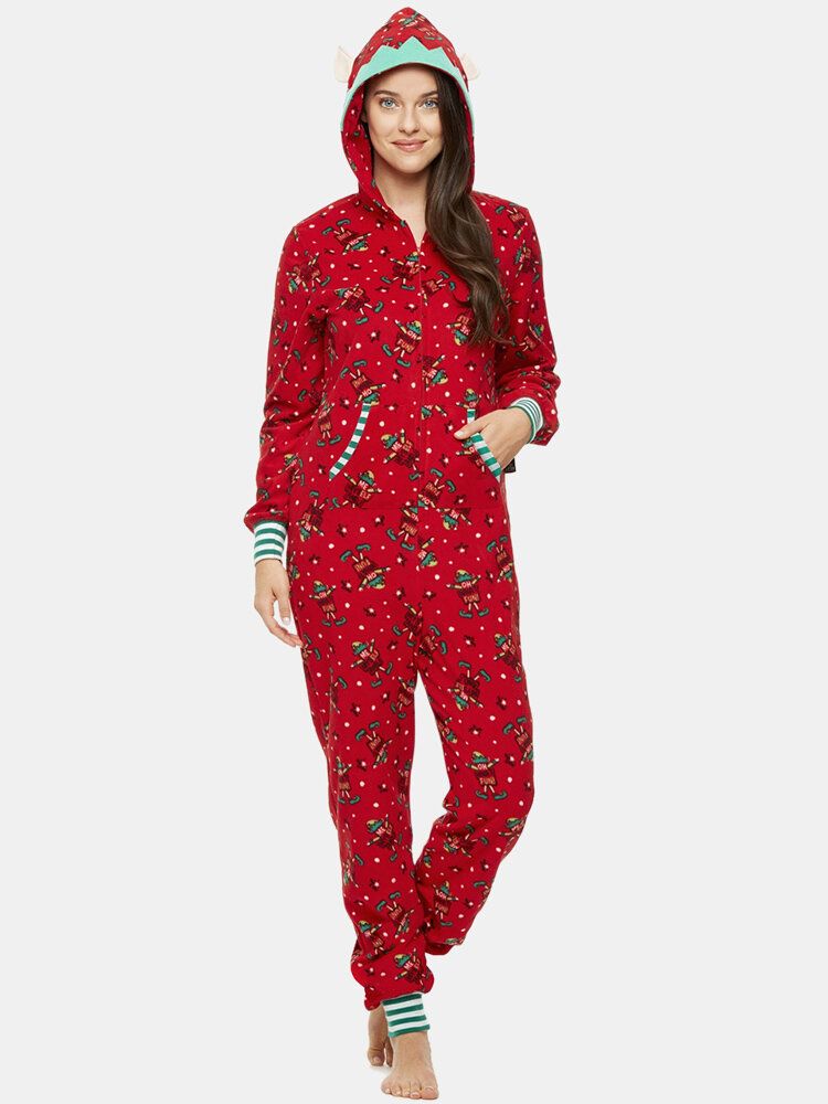 Onesies Con Capucha Con Diseño De Oreja Frontal Con Cremallera Y Estampado De Letras Navideñas De Talla Grande Para Mujer Con Ropa De Dormir De Bolsillo