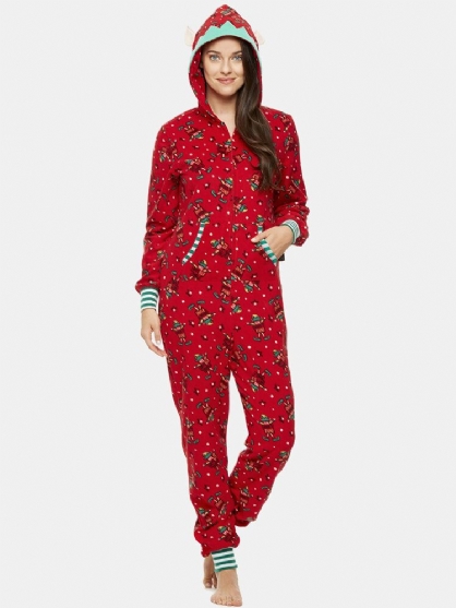 Onesies Con Capucha Con Diseño De Oreja Frontal Con Cremallera Y Estampado De Letras Navideñas De Talla Grande Para Mujer Con Ropa De Dormir De Bolsillo