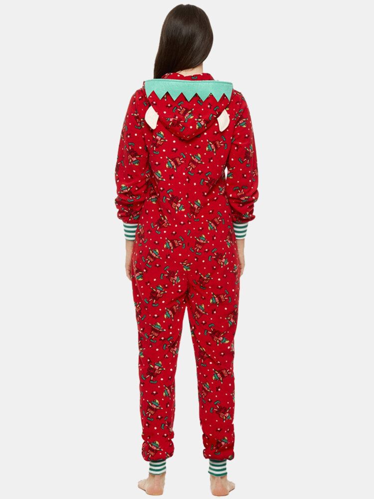 Onesies Con Capucha Con Diseño De Oreja Frontal Con Cremallera Y Estampado De Letras Navideñas De Talla Grande Para Mujer Con Ropa De Dormir De Bolsillo