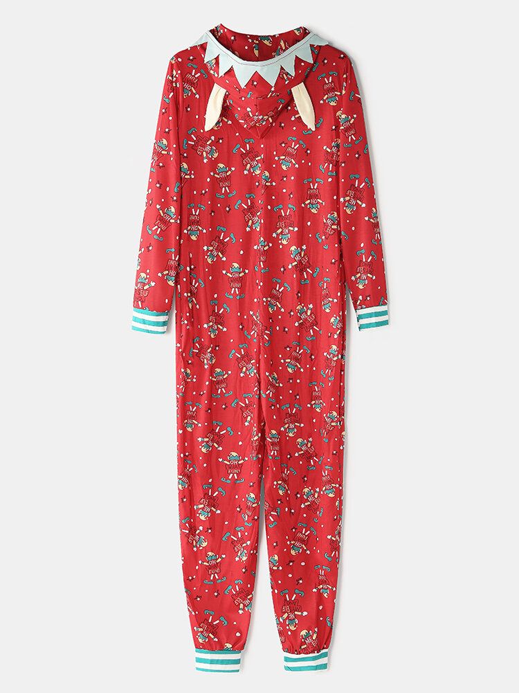 Onesies Con Capucha Con Diseño De Oreja Frontal Con Cremallera Y Estampado De Letras Navideñas De Talla Grande Para Mujer Con Ropa De Dormir De Bolsillo