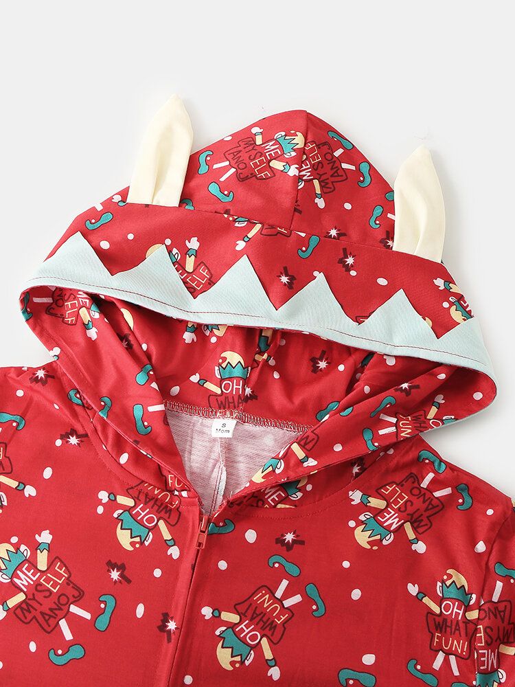 Onesies Con Capucha Con Diseño De Oreja Frontal Con Cremallera Y Estampado De Letras Navideñas De Talla Grande Para Mujer Con Ropa De Dormir De Bolsillo