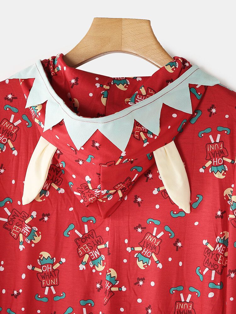 Onesies Con Capucha Con Diseño De Oreja Frontal Con Cremallera Y Estampado De Letras Navideñas De Talla Grande Para Mujer Con Ropa De Dormir De Bolsillo