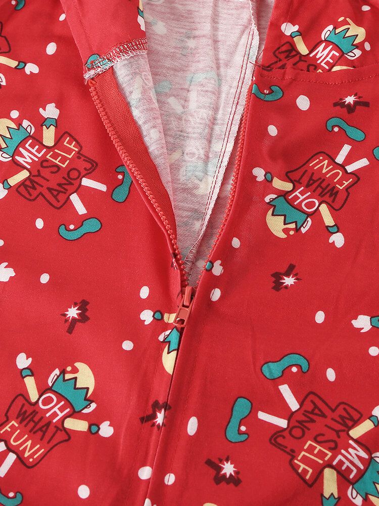 Onesies Con Capucha Con Diseño De Oreja Frontal Con Cremallera Y Estampado De Letras Navideñas De Talla Grande Para Mujer Con Ropa De Dormir De Bolsillo