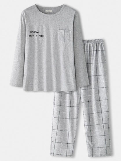 Pantalones A Cuadros De Cuello Redondo Liso 100% Algodón Para Hombre Conjunto De Pijama Suelto De Dos Piezas Para El Hogar