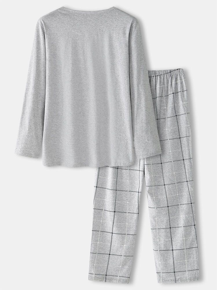 Pantalones A Cuadros De Cuello Redondo Liso 100% Algodón Para Hombre Conjunto De Pijama Suelto De Dos Piezas Para El Hogar