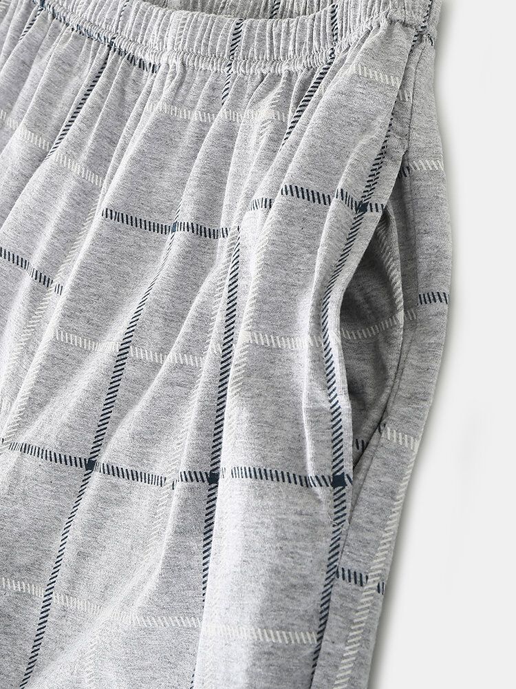 Pantalones A Cuadros De Cuello Redondo Liso 100% Algodón Para Hombre Conjunto De Pijama Suelto De Dos Piezas Para El Hogar