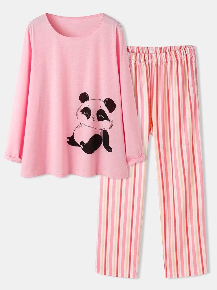 Pantalones A Rayas Con Cuello Redondo Y Estampado De Panda Lindo Para Mujer Conjuntos De Pijamas Para El Hogar De Dos Piezas De Talla Grande