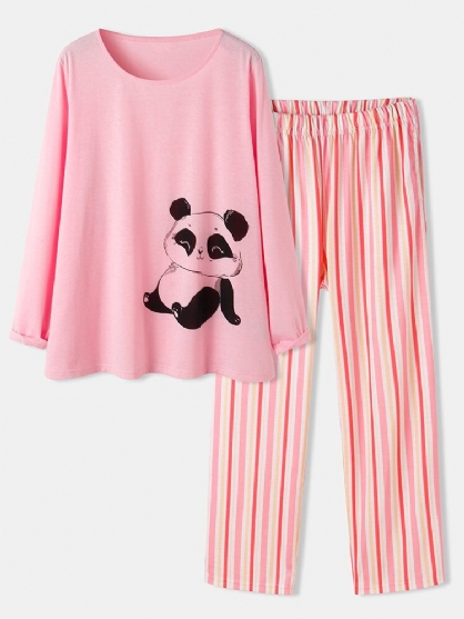 Pantalones A Rayas Con Cuello Redondo Y Estampado De Panda Lindo Para Mujer Conjuntos De Pijamas Para El Hogar De Dos Piezas De Talla Grande