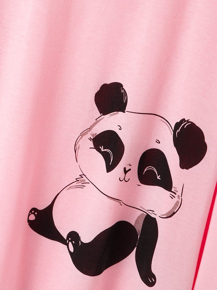 Pantalones A Rayas Con Cuello Redondo Y Estampado De Panda Lindo Para Mujer Conjuntos De Pijamas Para El Hogar De Dos Piezas De Talla Grande