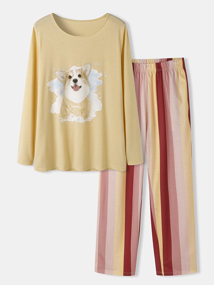 Pantalones A Rayas Con Estampado De Perros De Talla Grande Para Mujer Conjuntos De Pijamas Holgados De Manga Larga Para Dormir