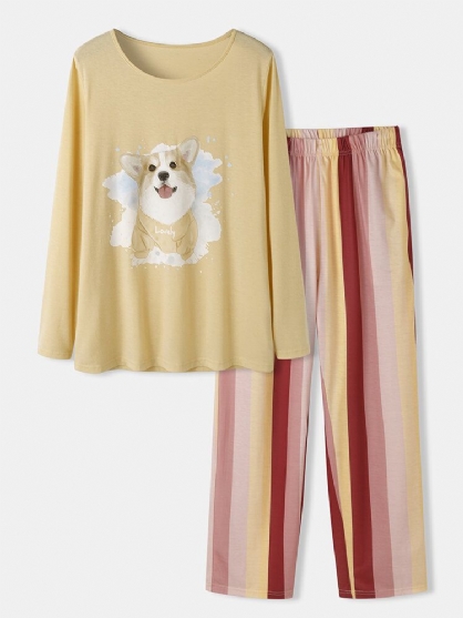 Pantalones A Rayas Con Estampado De Perros De Talla Grande Para Mujer Conjuntos De Pijamas Holgados De Manga Larga Para Dormir