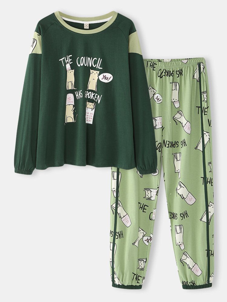 Pantalones De Chándal De Cintura Elástica Con Estampado De Gato De Dibujos Animados Con Letras Para Mujer Pijamas Verdes