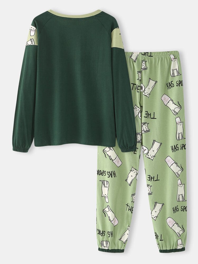 Pantalones De Chándal De Cintura Elástica Con Estampado De Gato De Dibujos Animados Con Letras Para Mujer Pijamas Verdes