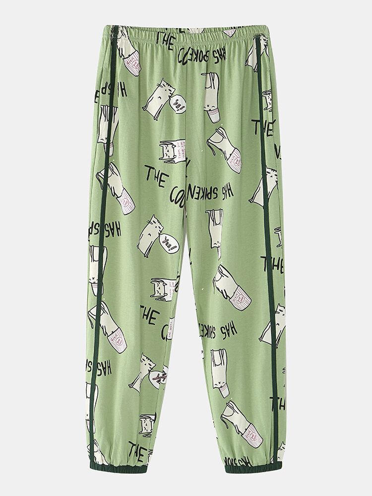 Pantalones De Chándal De Cintura Elástica Con Estampado De Gato De Dibujos Animados Con Letras Para Mujer Pijamas Verdes