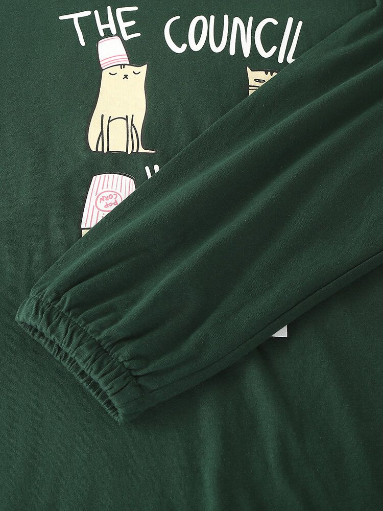 Pantalones De Chándal De Cintura Elástica Con Estampado De Gato De Dibujos Animados Con Letras Para Mujer Pijamas Verdes