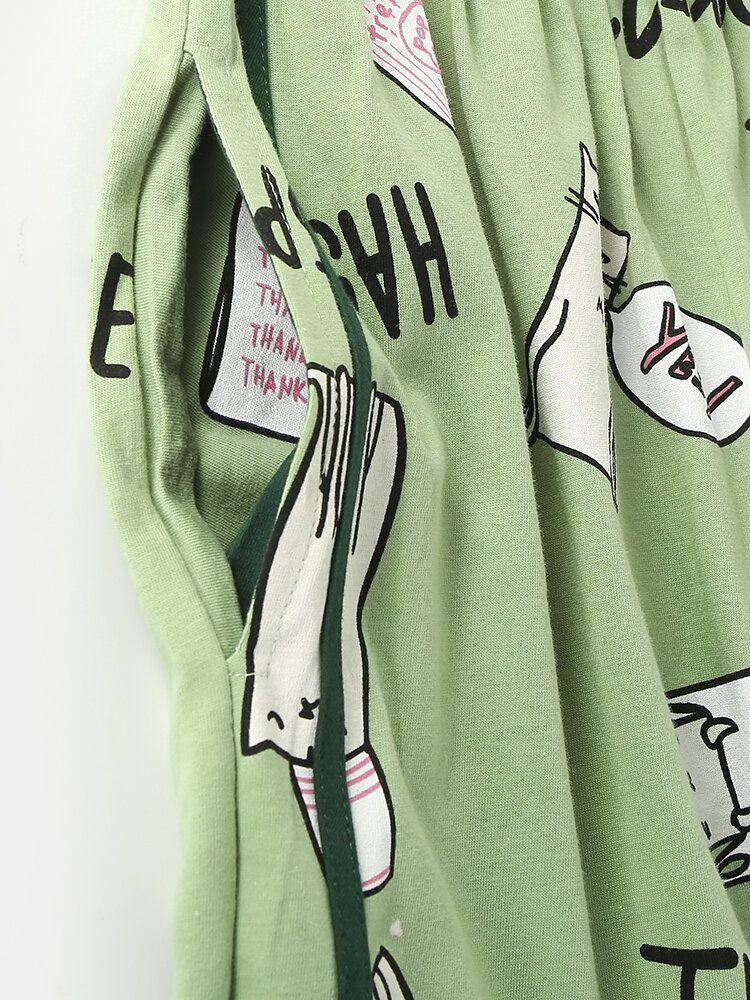 Pantalones De Chándal De Cintura Elástica Con Estampado De Gato De Dibujos Animados Con Letras Para Mujer Pijamas Verdes