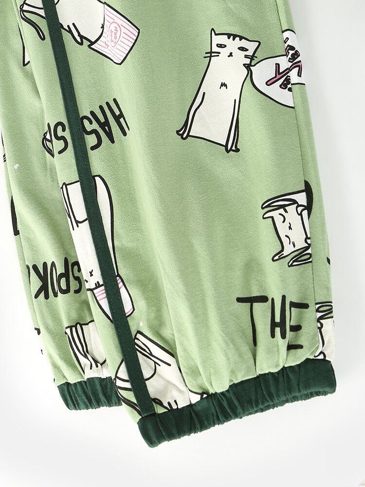 Pantalones De Chándal De Cintura Elástica Con Estampado De Gato De Dibujos Animados Con Letras Para Mujer Pijamas Verdes