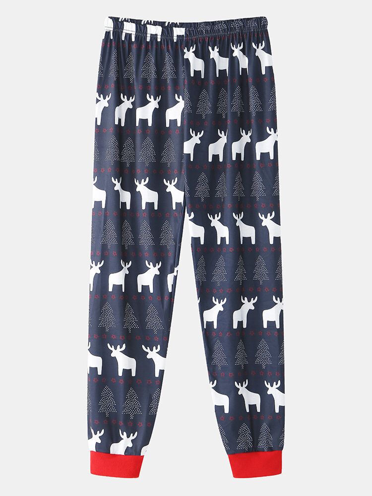 Pantalones De Chándal De Cuello Redondo Con Estampado De Alces Navideños Para Hombre Conjunto De Pijamas De Salón En Casa De Dos Piezas