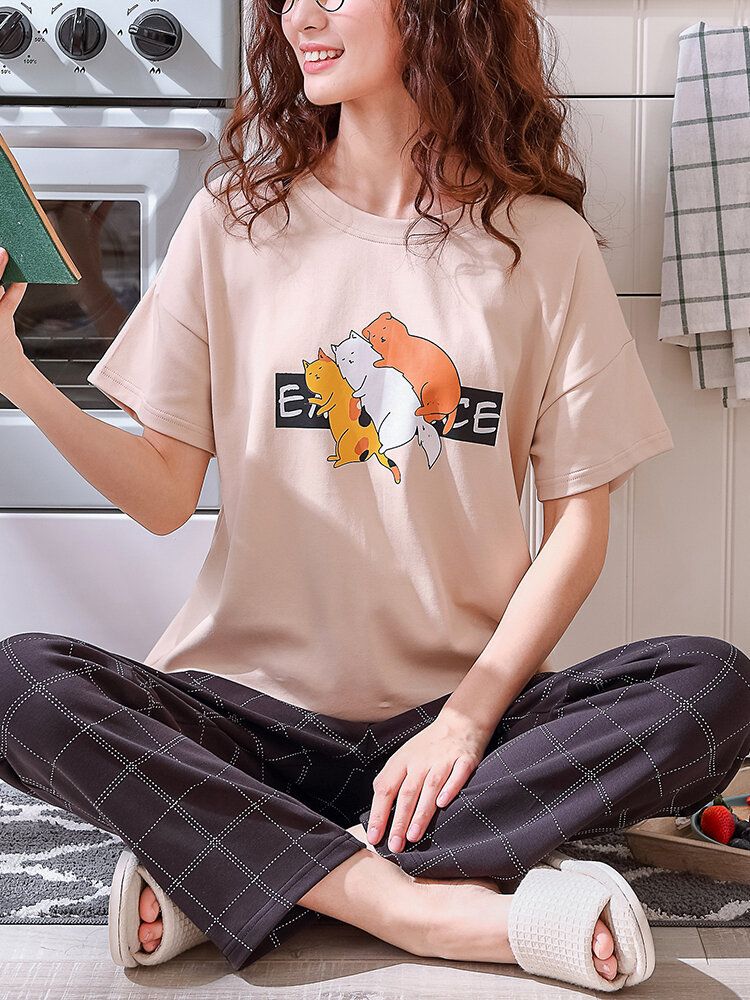 Pantalones De Cintura Elástica Con Estampado Animal Lindo Conjuntos De Pijamas Sueltos De Manga Corta