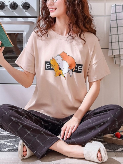 Pantalones De Cintura Elástica Con Estampado Animal Lindo Conjuntos De Pijamas Sueltos De Manga Corta