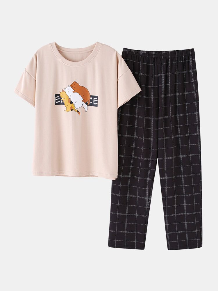 Pantalones De Cintura Elástica Con Estampado Animal Lindo Conjuntos De Pijamas Sueltos De Manga Corta