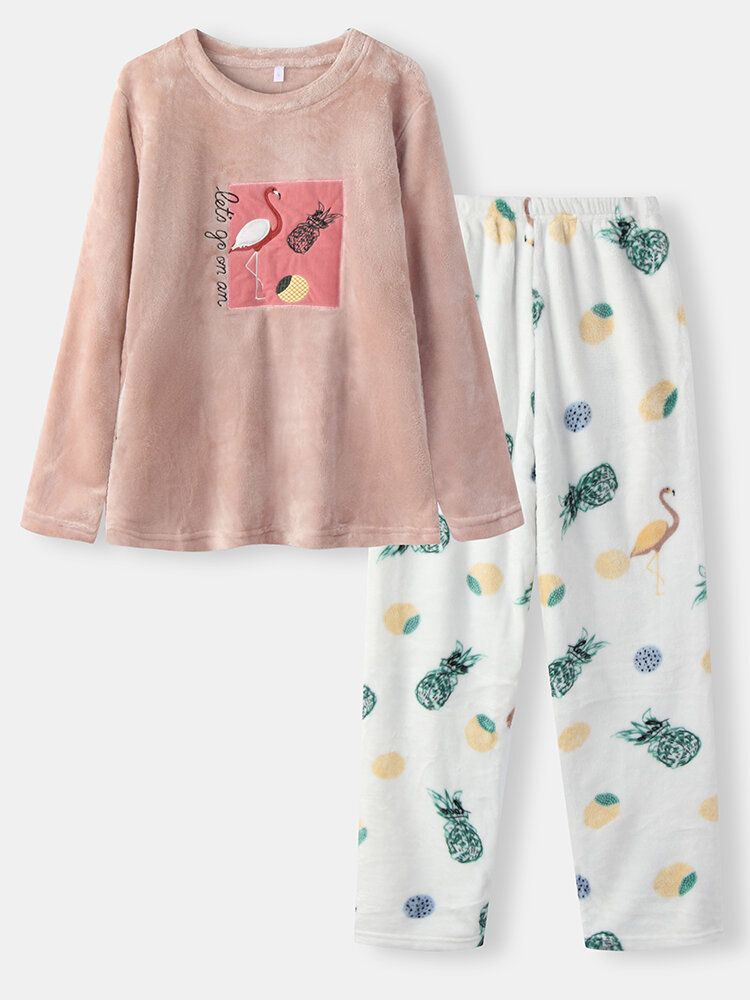 Pantalones Con Estampado De Piña Gruesos De Franela Con Bordado De Flamencos Para Mujer Conjuntos De Pijamas De Talla Grande