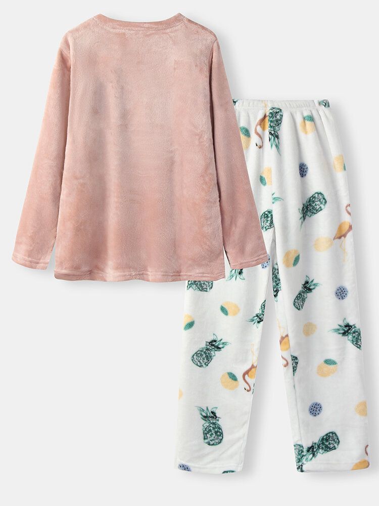 Pantalones Con Estampado De Piña Gruesos De Franela Con Bordado De Flamencos Para Mujer Conjuntos De Pijamas De Talla Grande