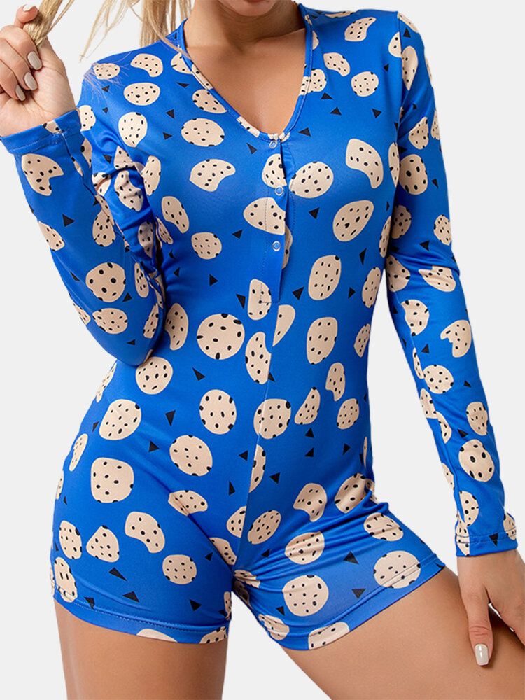 Pantalones Cortos Azules De Manga Larga Con Cuello En V Con Estampado Abstracto Para Mujer Monos Ropa De Dormir Para El Hogar