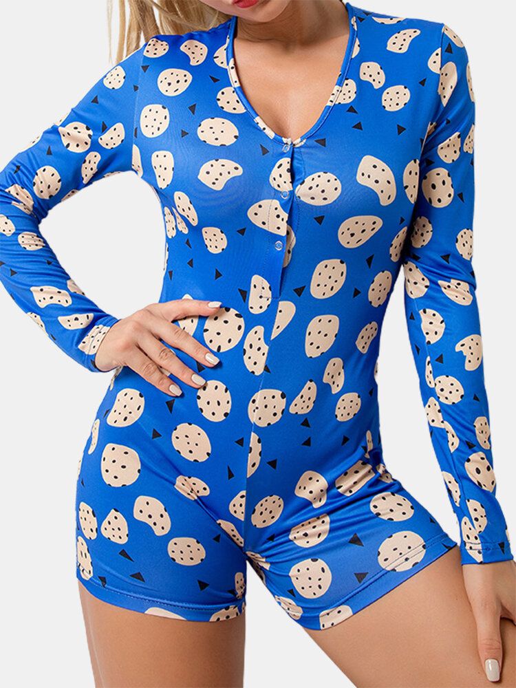 Pantalones Cortos Azules De Manga Larga Con Cuello En V Con Estampado Abstracto Para Mujer Monos Ropa De Dormir Para El Hogar