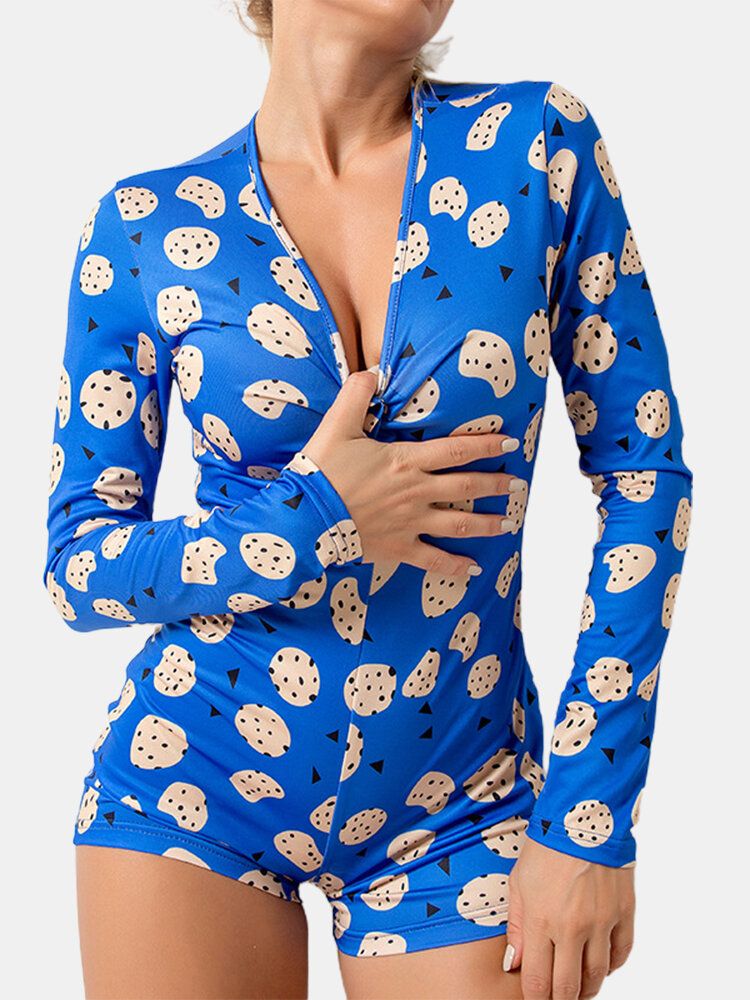 Pantalones Cortos Azules De Manga Larga Con Cuello En V Con Estampado Abstracto Para Mujer Monos Ropa De Dormir Para El Hogar