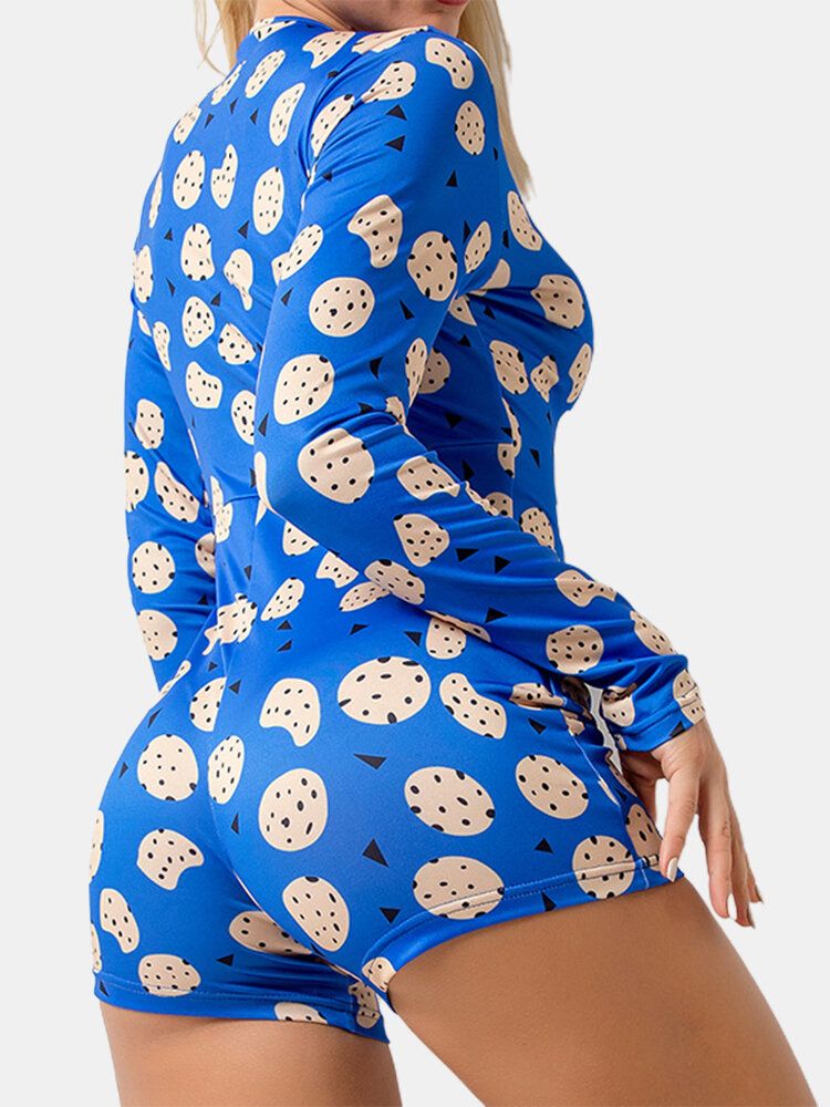 Pantalones Cortos Azules De Manga Larga Con Cuello En V Con Estampado Abstracto Para Mujer Monos Ropa De Dormir Para El Hogar