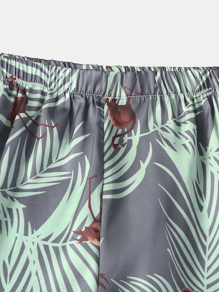 Pantalones Cortos De Pijama Casuales Finos Con Estampado De Flamencos Y Hojas Tropicales Para Hombre