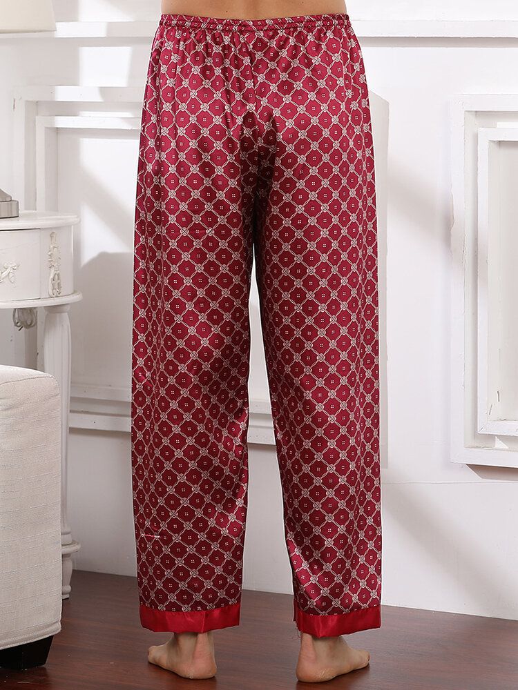 Pantalones De Dormir Casuales De Cintura Media Elásticos De Seda Transpirables Finos Sueltos Estampados Para Hombre