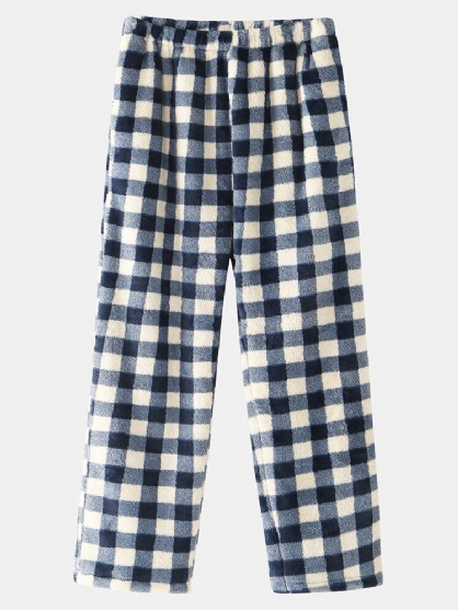 Pantalones De Dormir Para El Hogar Con Cintura Elástica Gruesa Y Franela A Cuadros Para Hombre Con Bolsillo