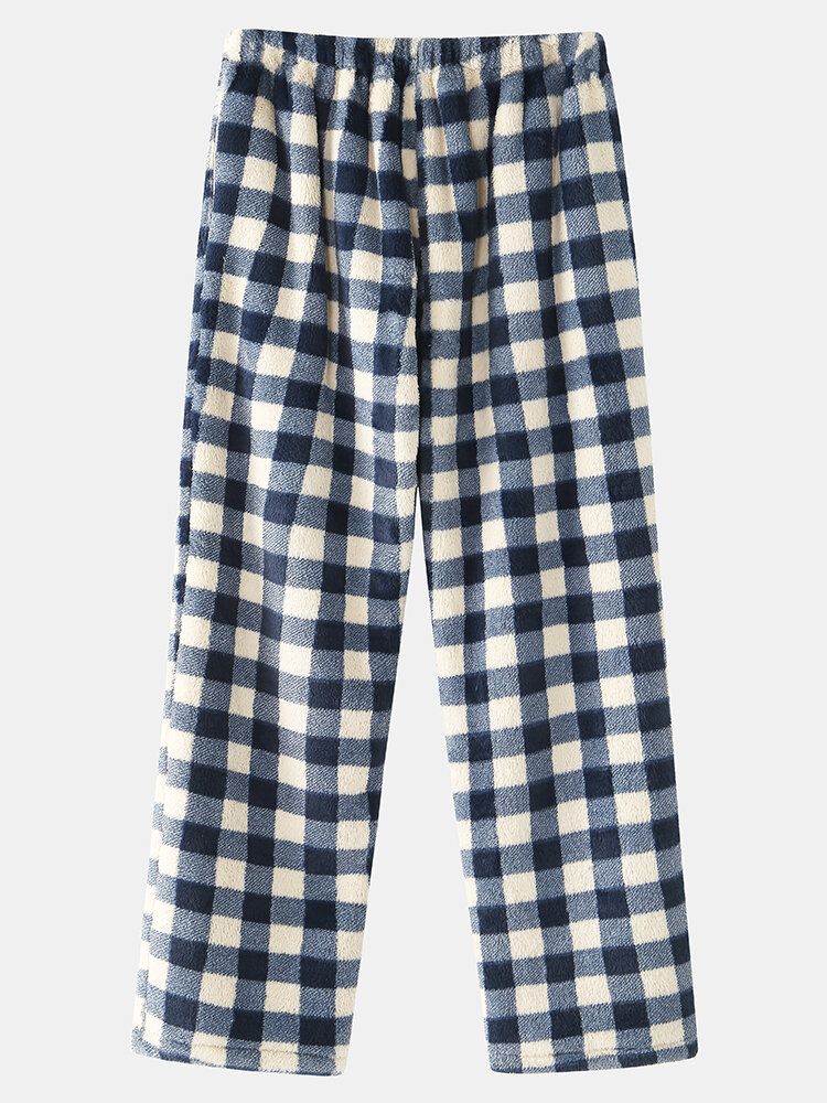 Pantalones De Dormir Para El Hogar Con Cintura Elástica Gruesa Y Franela A Cuadros Para Hombre Con Bolsillo